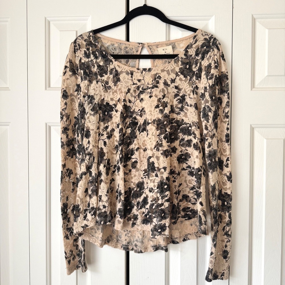 Pins and Needles Floral Lace Long Sleeve Top Beige Black Keyhole Back Womens M